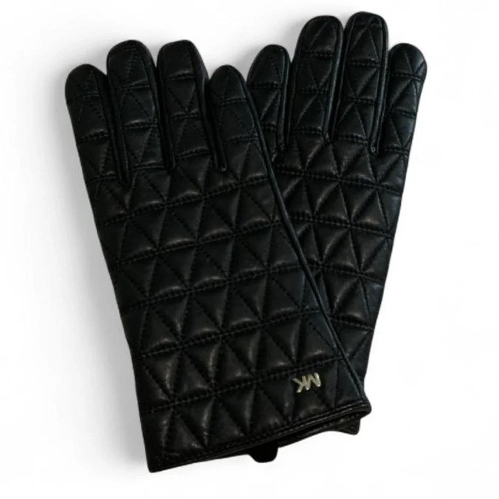 Michael Kors Quilted Leather Gloves Womens S Black Excellent Gold MK Logo Luxury